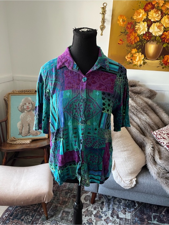 Tops - Women’s Vintage Teal, Purple & Black Button Front Shirt Size M fit